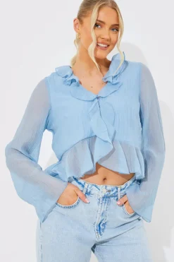 Sale In the Style Chiffon Frill Blouse Blue