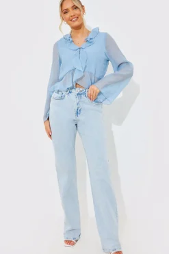 Sale In the Style Chiffon Frill Blouse Blue