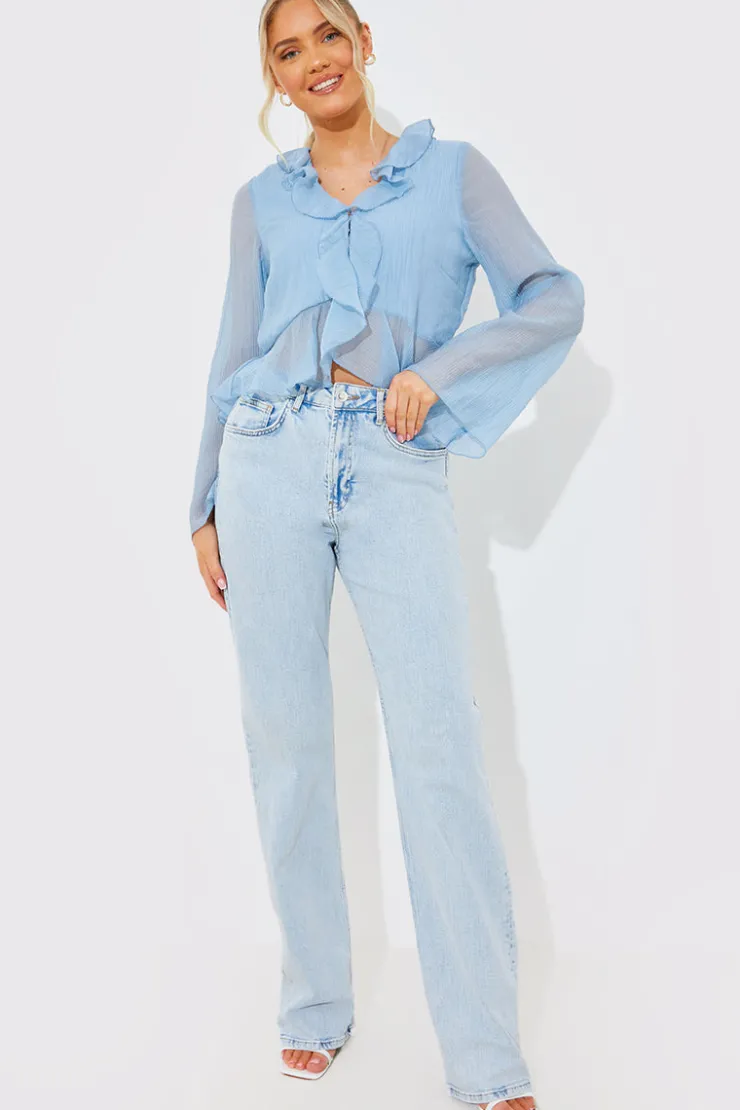 Sale In the Style Chiffon Frill Blouse Blue