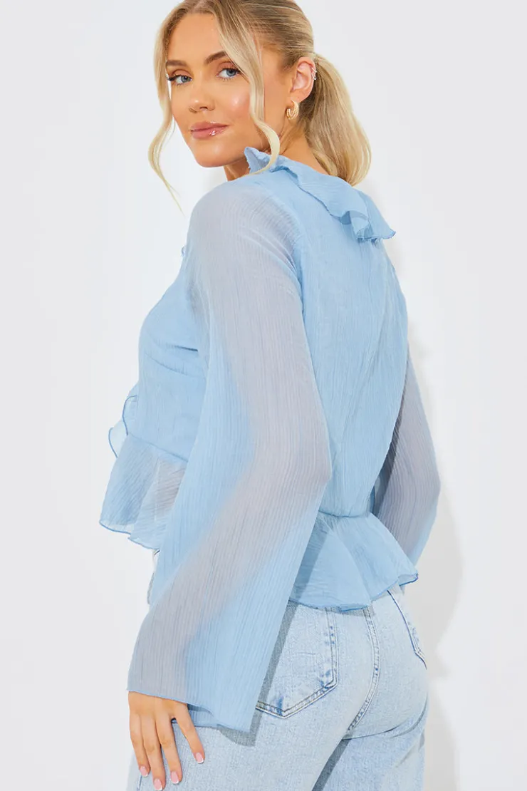 Sale In the Style Chiffon Frill Blouse Blue