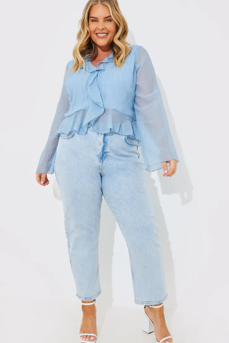Sale In the Style Chiffon Frill Blouse Blue