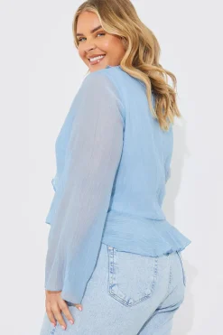 Sale In the Style Chiffon Frill Blouse Blue