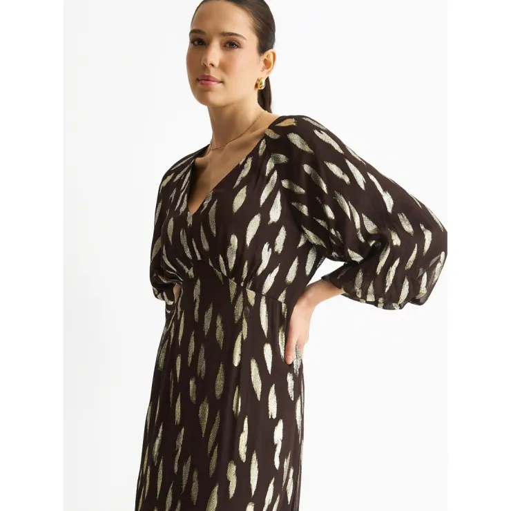 Clearance Gini London Chocolate Viscose Clipped Balloon Sleeve Maxi Dress