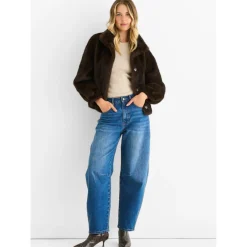Sale Gini London Coffee Funnel Neck Button Up Faux Fur Jacket