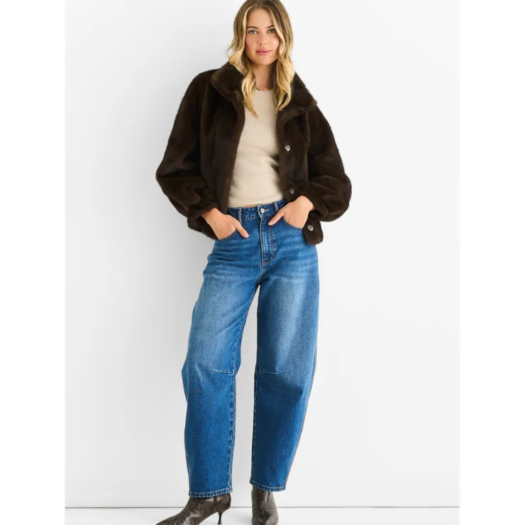 Sale Gini London Coffee Funnel Neck Button Up Faux Fur Jacket