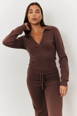 Outlet In the Style Collared Knit Jumpsuit Chocolate