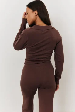 Outlet In the Style Collared Knit Jumpsuit Chocolate
