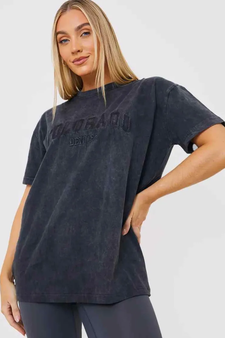 Hot In the Style Colorado' Acid Wash Slogan T-Shirt Charcoal