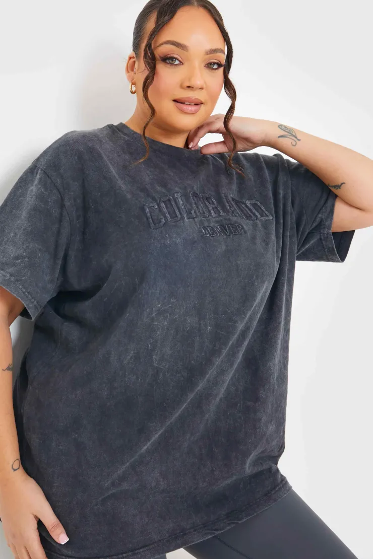 Hot In the Style Colorado' Acid Wash Slogan T-Shirt Charcoal
