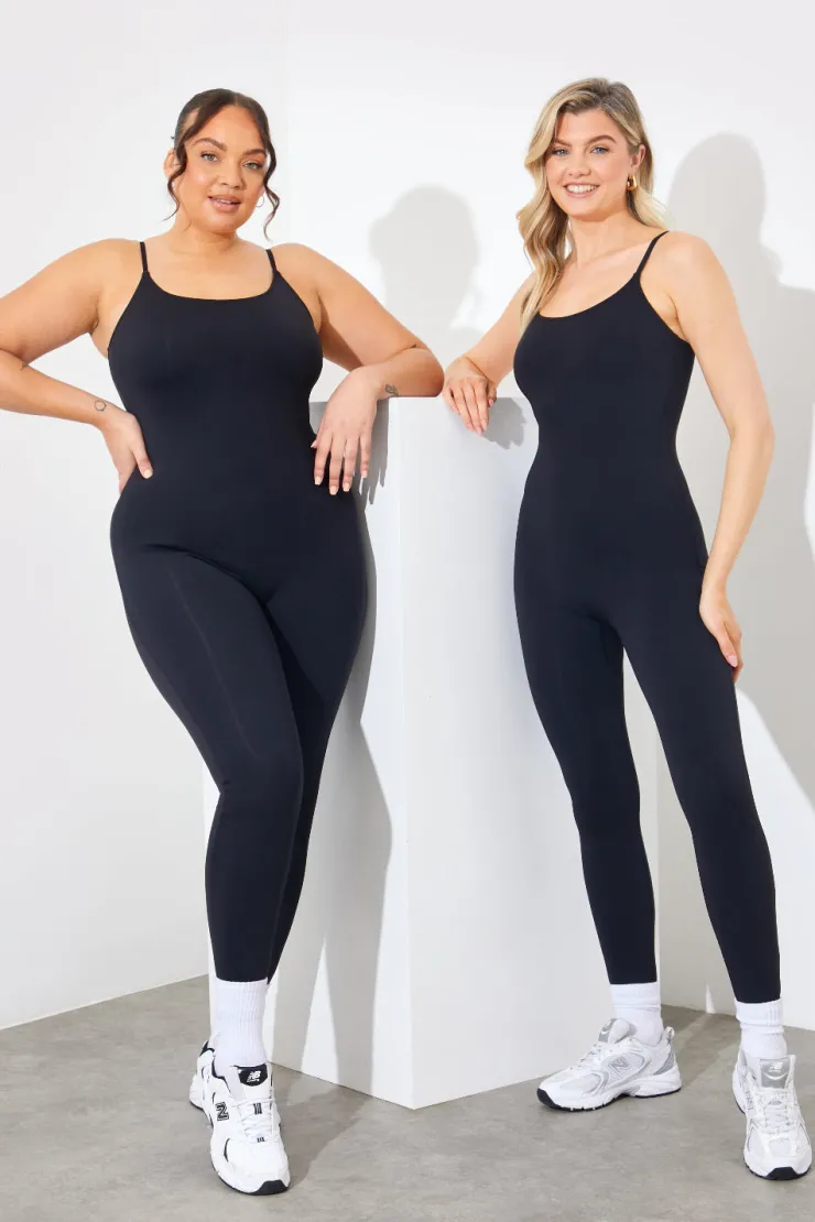Clearance Fits Contour Built-In Bra Scoop Neck Strappy Unitard Black