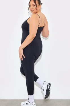 Clearance Fits Contour Built-In Bra Scoop Neck Strappy Unitard Black