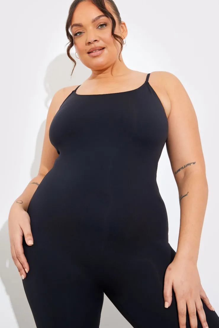 Clearance Fits Contour Built-In Bra Scoop Neck Strappy Unitard Black
