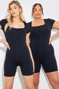 Hot In the Style Contour Built-In Bra Short Sleeve Short Leg Square Neck Unitard Black