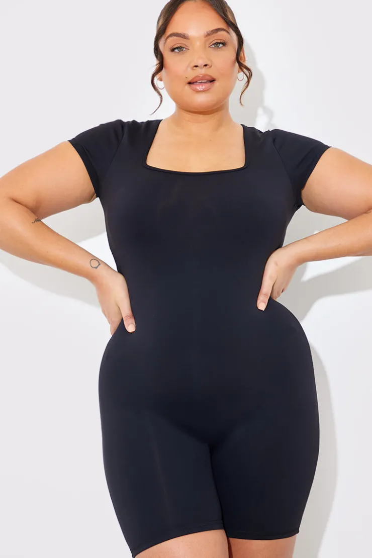 Hot In the Style Contour Built-In Bra Short Sleeve Short Leg Square Neck Unitard Black