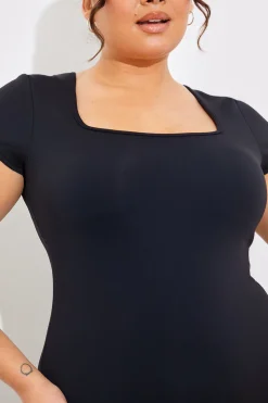 Hot In the Style Contour Built-In Bra Short Sleeve Short Leg Square Neck Unitard Black