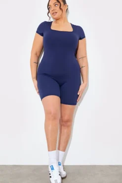 Hot In the Style Contour Built-In Bra Short Sleeve Short Leg Square Neck Unitard Blue