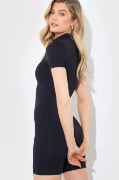 Online In the Style Contour Built-In Bra Short Sleeve Short Leg Half Zip Unitard Black