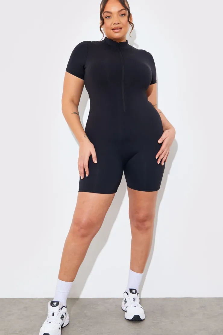 Online In the Style Contour Built-In Bra Short Sleeve Short Leg Half Zip Unitard Black