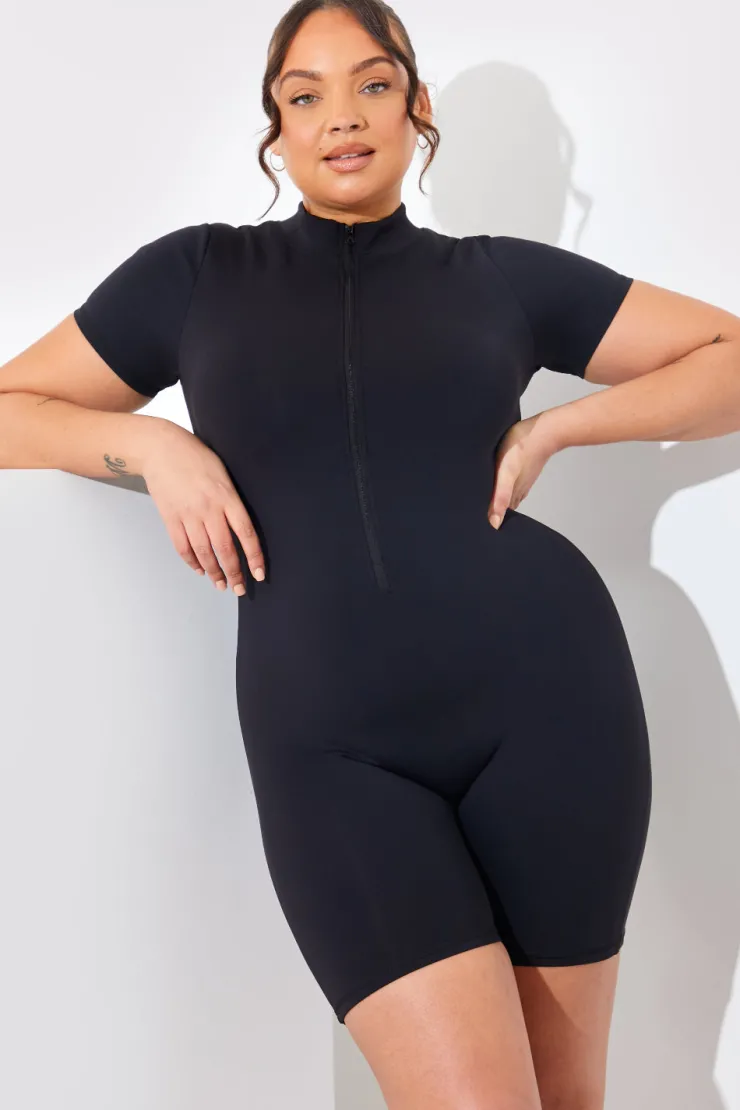Online In the Style Contour Built-In Bra Short Sleeve Short Leg Half Zip Unitard Black