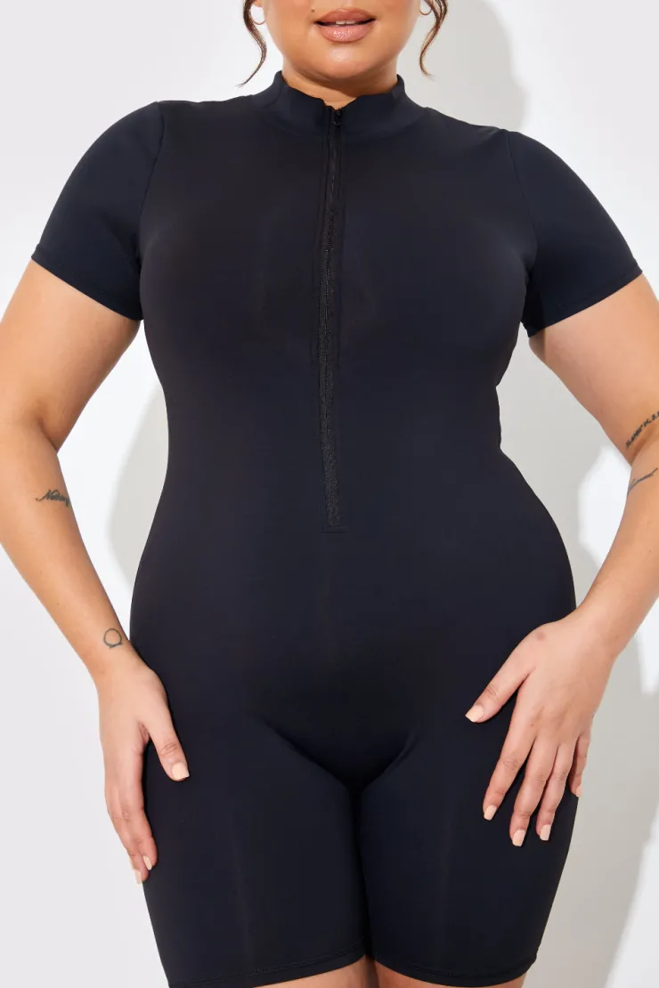 Online In the Style Contour Built-In Bra Short Sleeve Short Leg Half Zip Unitard Black
