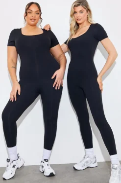 Hot Fits Contour Built-in Bra Short Sleeve Scoop Neck Unitard Black