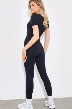 Hot Fits Contour Built-in Bra Short Sleeve Scoop Neck Unitard Black