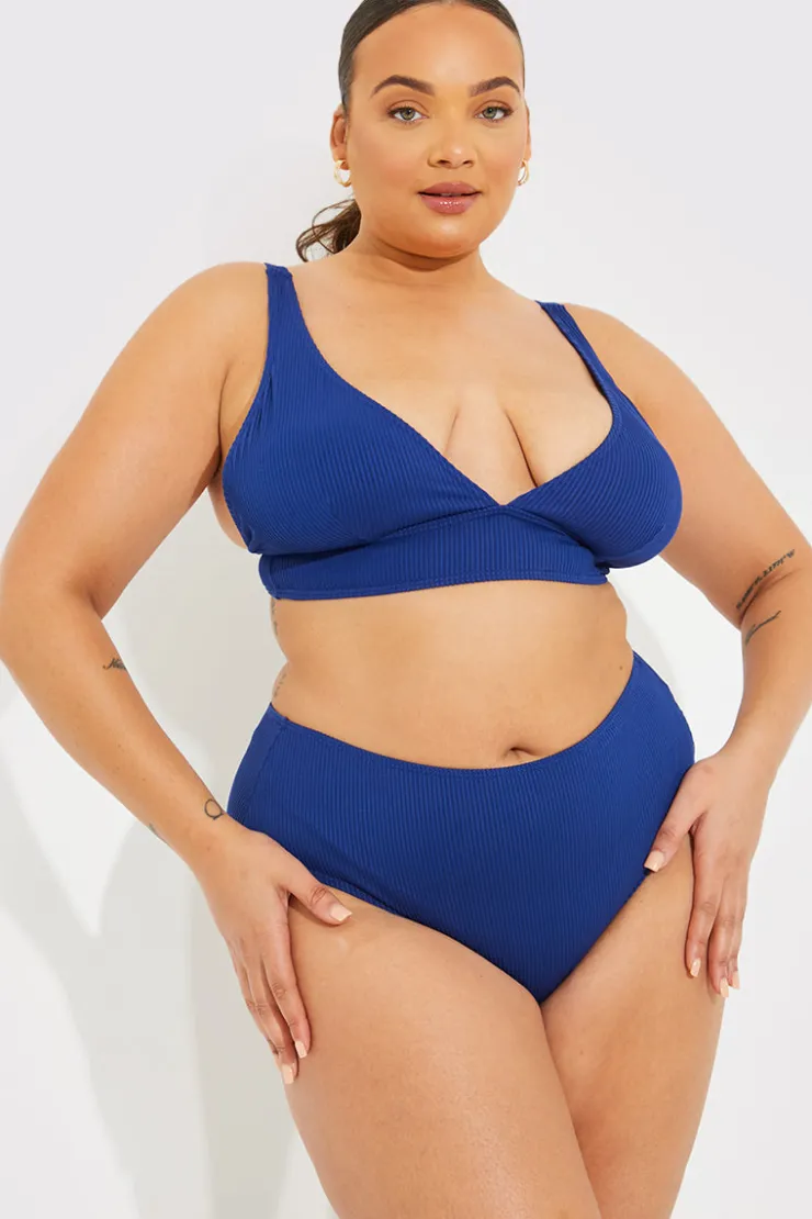 Online In The Style Contour Rib Bralette Bikini Top Navy