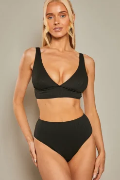 Online In The Style Contour Rib High Leg High Waisted Bikini Bottoms Black