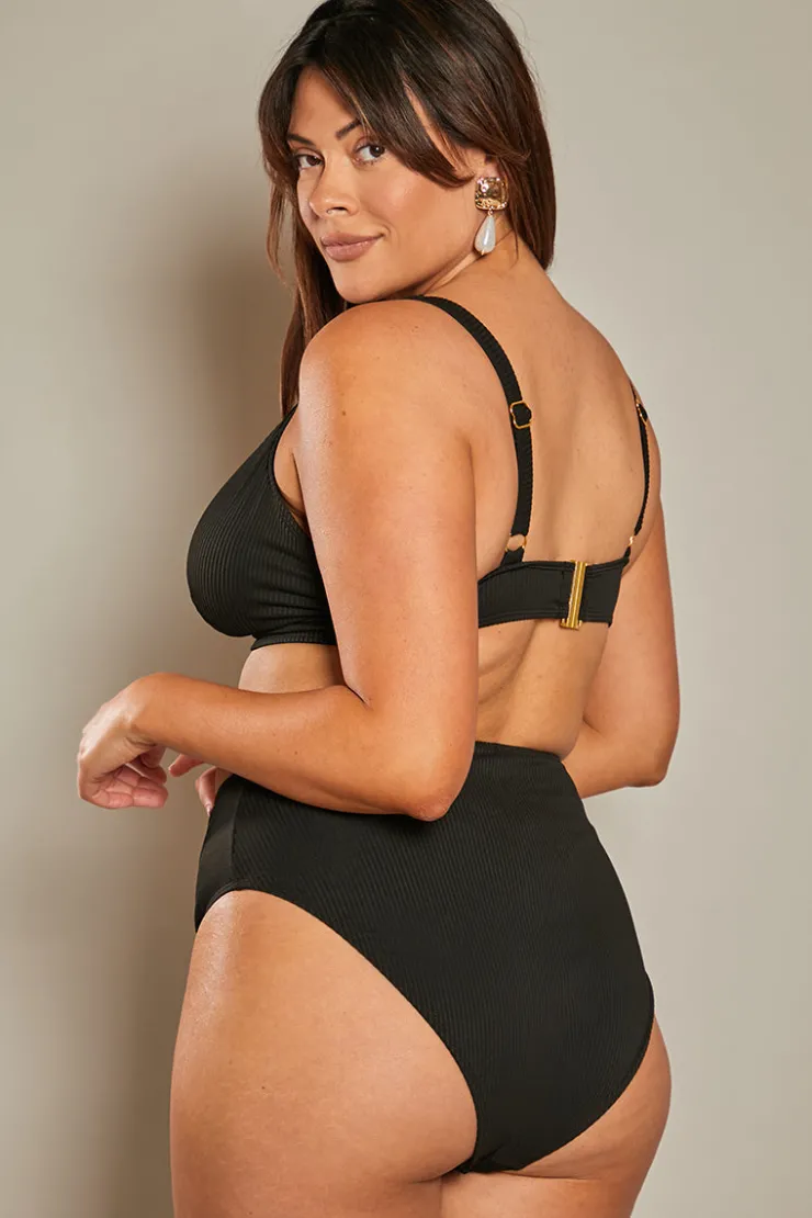 Online In The Style Contour Rib High Leg High Waisted Bikini Bottoms Black
