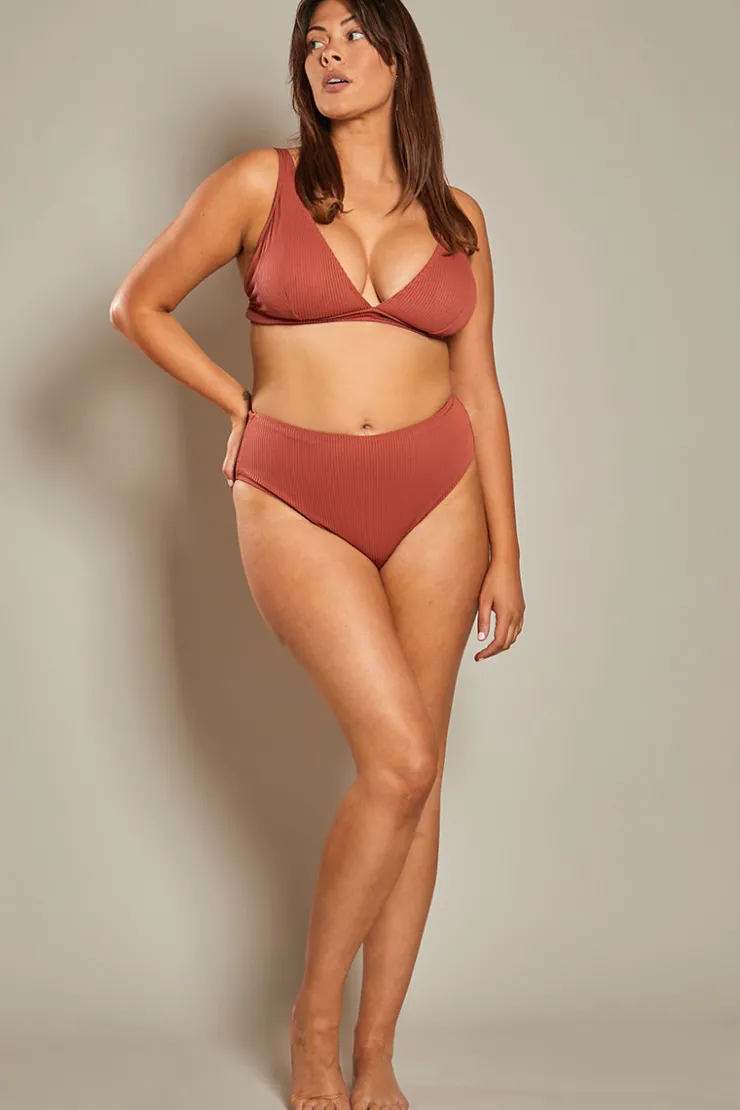 New In The Style Contour Rib High Leg High Waisted Bikini Bottoms Rust