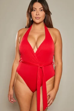Best In The Style Contour Rib Wrap Front Functional Halter Tie Swimsuit Red