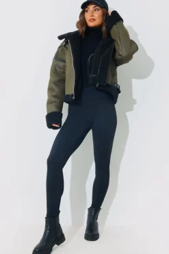 Hot In the Style Contrast Borg Aviator Jacket Khaki