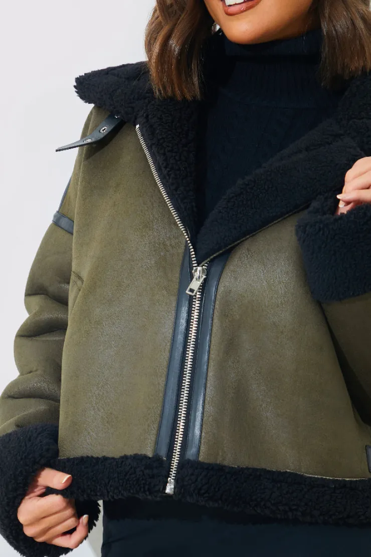 Hot In the Style Contrast Borg Aviator Jacket Khaki