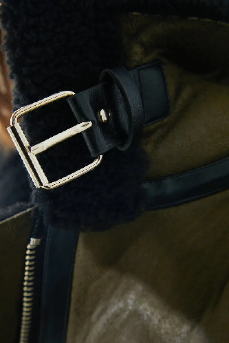 Hot In the Style Contrast Borg Aviator Jacket Khaki