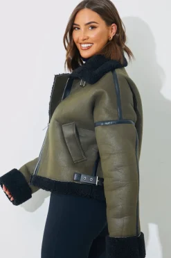 Hot In the Style Contrast Borg Aviator Jacket Khaki