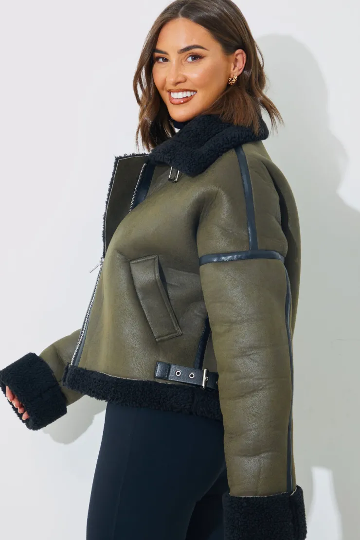 Hot In the Style Contrast Borg Aviator Jacket Khaki