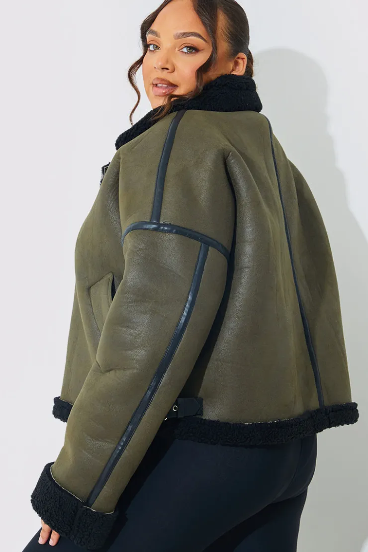 Hot In the Style Contrast Borg Aviator Jacket Khaki