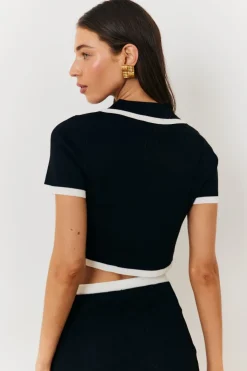 Outlet In The Style Contrast Piping Knit Co Ord Crop Top Black