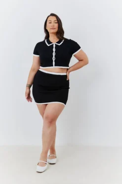 Outlet In The Style Contrast Piping Knit Co Ord Crop Top Black