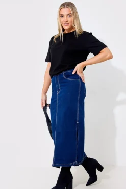 New In The Style Contrast Stitch Denim Midi Skirt Blue