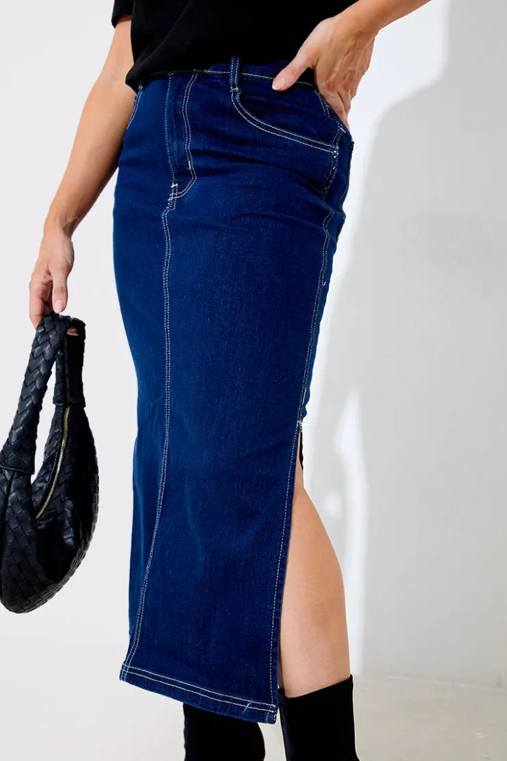 New In The Style Contrast Stitch Denim Midi Skirt Blue