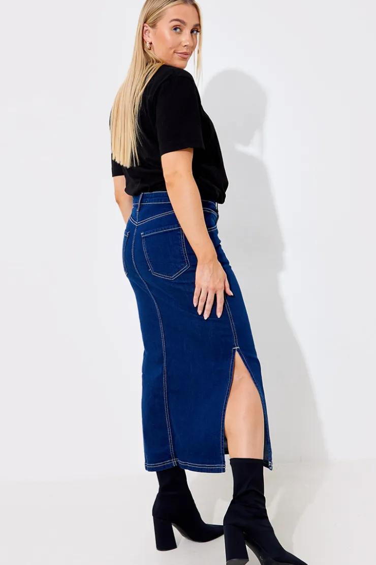 New In The Style Contrast Stitch Denim Midi Skirt Blue