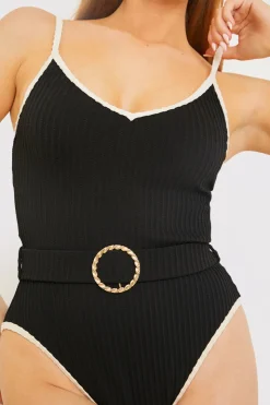 Discount In the Style Control Contrast Binding Belted Swimsuit Black