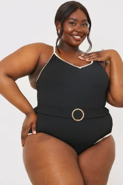 Discount In the Style Control Contrast Binding Belted Swimsuit Black
