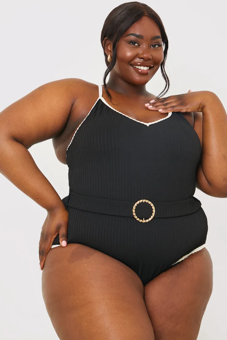 Discount In the Style Control Contrast Binding Belted Swimsuit Black