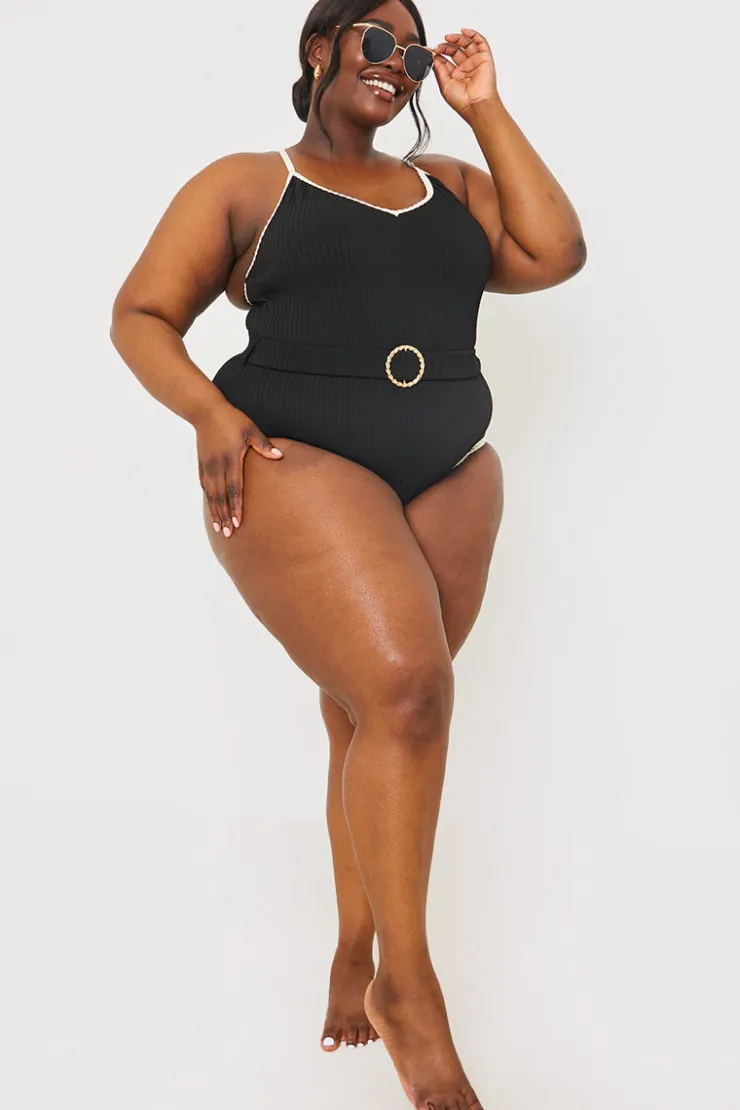 Discount In the Style Control Contrast Binding Belted Swimsuit Black