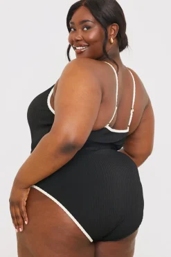 Discount In the Style Control Contrast Binding Belted Swimsuit Black