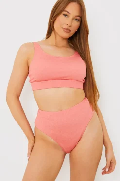 New In the Style Control Crinkle High Waisted High Leg Bikni Bottoms Pink