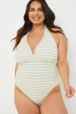 Online In the Style Control Crinkle Stripe Halter Swimsuit with Ruched Sides Sage