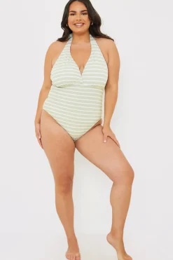 Online In the Style Control Crinkle Stripe Halter Swimsuit with Ruched Sides Sage